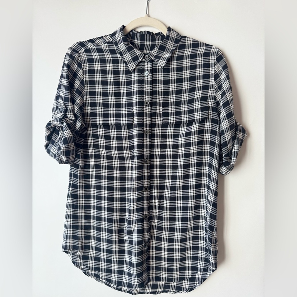 Equipment gingham small rolled cuffs short sleeve black white silk shirt - Picture 4 of 8